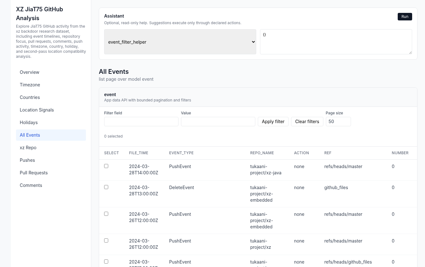 All Events page with searchable GitHub events table