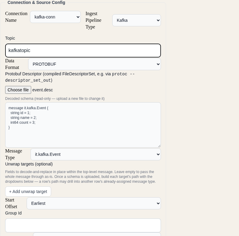 Kafka Protobuf ingest pipeline fields