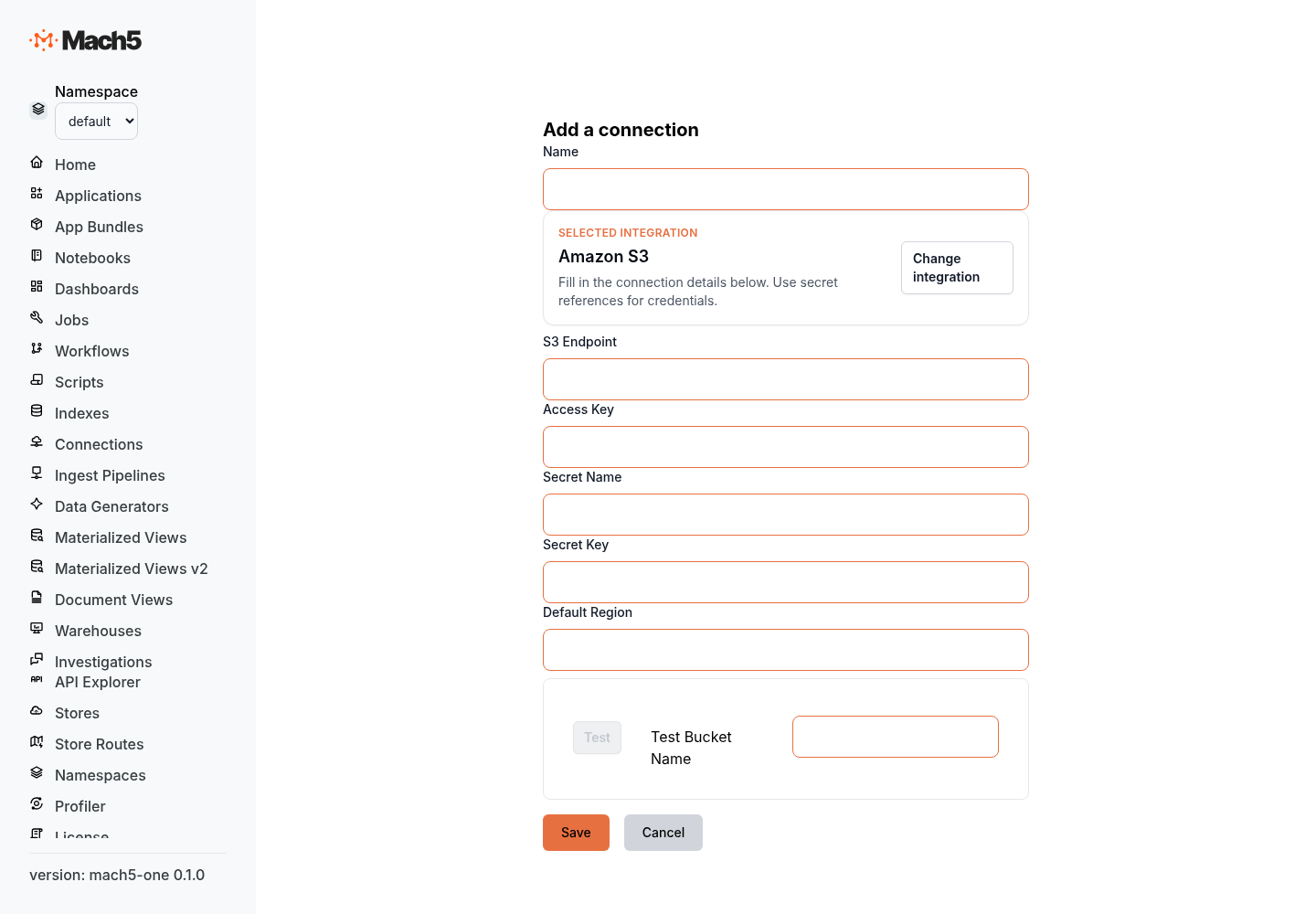 Amazon S3 connection form